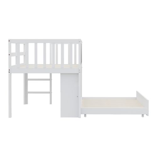 Lit Mi-haut Enfant 90x200 Cm Avec Lit Gigogne 90x190 Cm, Tableau Noir, Rangements, Pin, Mdf, Blanc