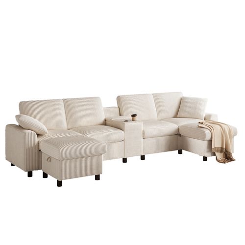 Canapé En U 315x135x81 Cm, Ports USB/type C, Prises, Poufs Avec Rangement, Velours Côtelé, Beige