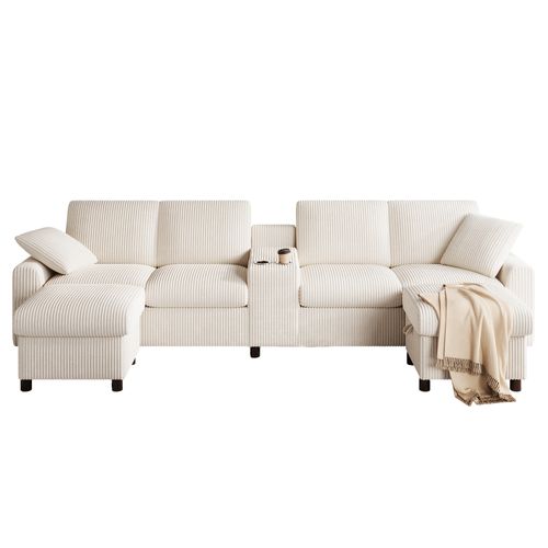 Canapé En U 315x135x81 Cm, Ports USB/type C, Prises, Poufs Avec Rangement, Velours Côtelé, Beige