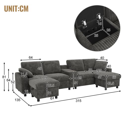 Canapé En U 315x135x81 Cm, Ports USB Et Prises, 2 Poufs Avec Rangement, Velours Côtelé, Gris