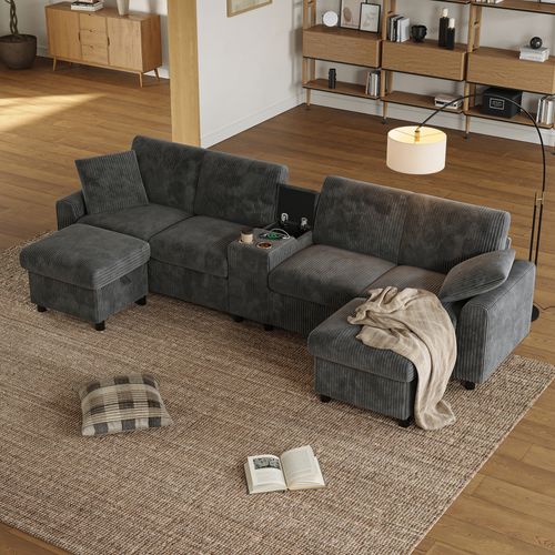 Canapé En U 315x135x81 Cm, Ports USB Et Prises, 2 Poufs Avec Rangement, Velours Côtelé, Gris