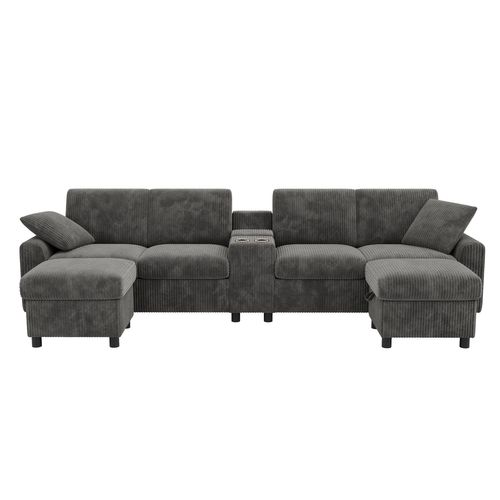 Canapé En U 315x135x81 Cm, Ports USB Et Prises, 2 Poufs Avec Rangement, Velours Côtelé, Gris