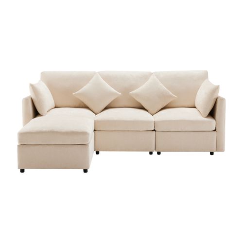 Canapé D'angle 216x161x81 Cm, 3-4 Places Avec Pouf Modulable, Chenille, Couleur Beige