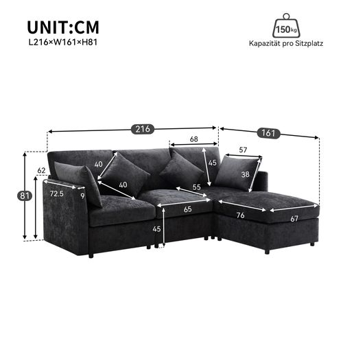 Canapé D'angle L 216x161x81 Cm, Modulable Avec Pouf, Tissu Chenille, Couleur Gris