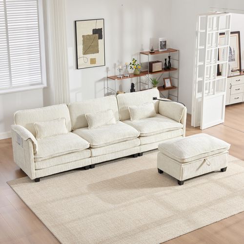 Canapé 3 Places 279 X 83 X 85 Cm, Mousse à Mémoire De Forme, Rangement, Bois, Chenille Beige