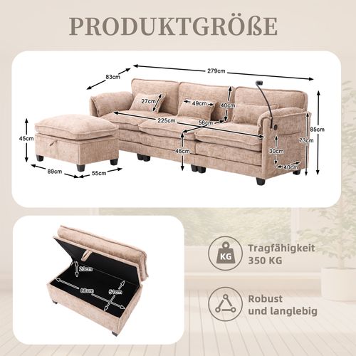 Canapé 3 Places 279x83x85 Cm, USB Et Porte Téléphone, Garnissage à Mémoire De Forme, Chenille Kaki