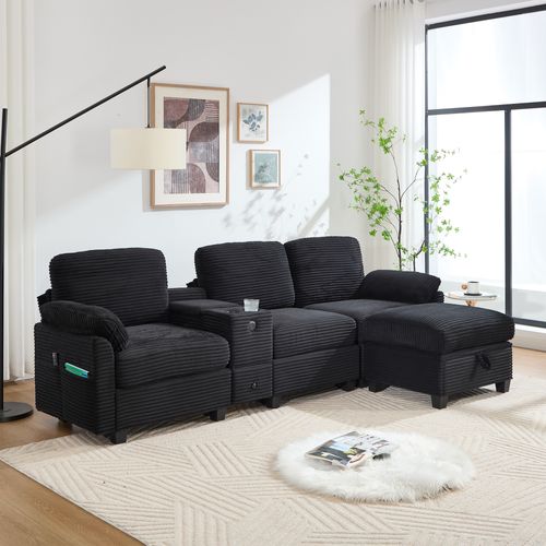 Grand Canapé 266x136x82cm, Console Centrale Mobile, Port USB Type C, Rangements, Velours Côtelé Noir