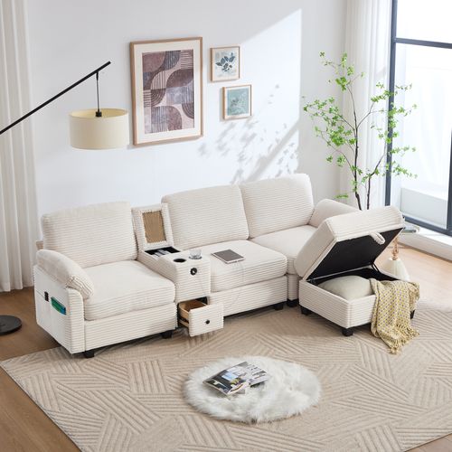 Canapé 266x136x82 Cm, Console Amovible Avec Prise USB C Et Porte Gobelets, Velours Côtelé Beige