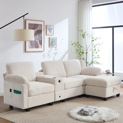 Canapé 266x136x82 Cm, Console Amovible Avec Prise USB C Et Porte Gobelets, Velours Côtelé Beige