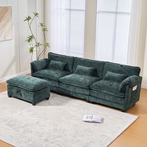 Canapé 3 Places 279x83x85cm, Port USB, Pouf De Rangement Modulable, Mousse à Mémoire, Chenille, Vert