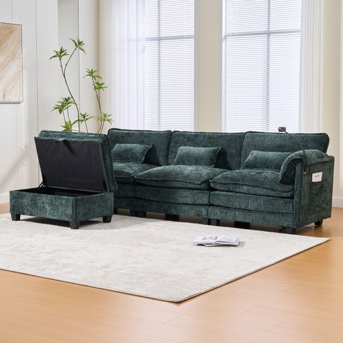 Canapé 3 Places 279x83x85cm, Port USB, Pouf De Rangement Modulable, Mousse à Mémoire, Chenille, Vert