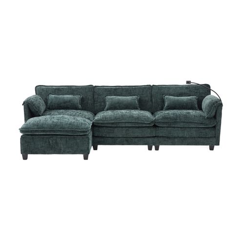 Canapé 3 Places 279x83x85cm, Port USB, Pouf De Rangement Modulable, Mousse à Mémoire, Chenille, Vert
