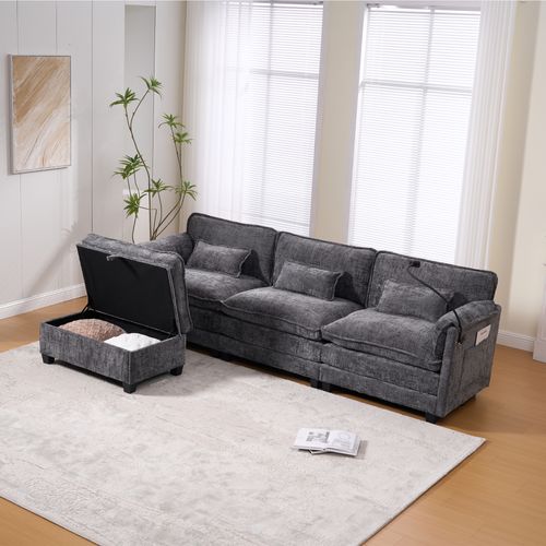 Canapé 3 Places 279x83x85 Cm, Mousse à Mémoire De Forme, En Chenille, Pouf De Rangement, Gris