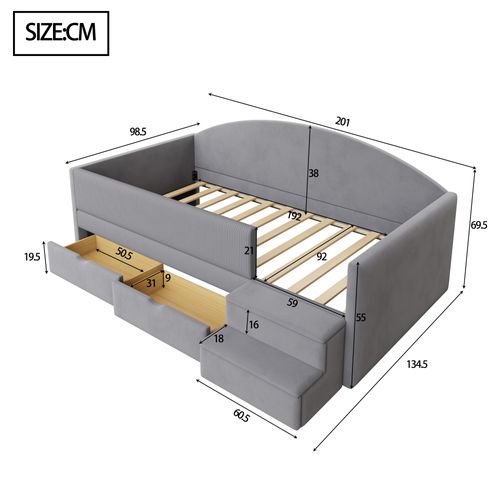 Canapé-lit 90x190 Cm Avec 2 Tiroirs, Marchepied, Barrière De Sécurité, Gris, Velours