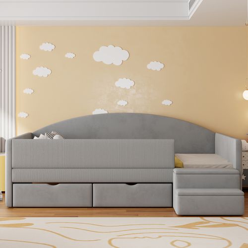 Canapé-lit 90x190 Cm Avec 2 Tiroirs, Marchepied, Barrière De Sécurité, Gris, Velours