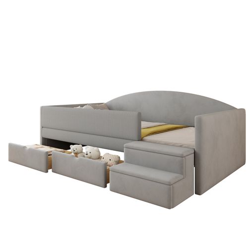 Canapé-lit 90x190 Cm Avec 2 Tiroirs, Marchepied, Barrière De Sécurité, Gris, Velours