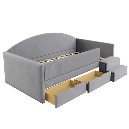Canapé-lit 90x190 Cm Avec 2 Tiroirs, Marchepied, Barrière De Sécurité, Gris, Velours