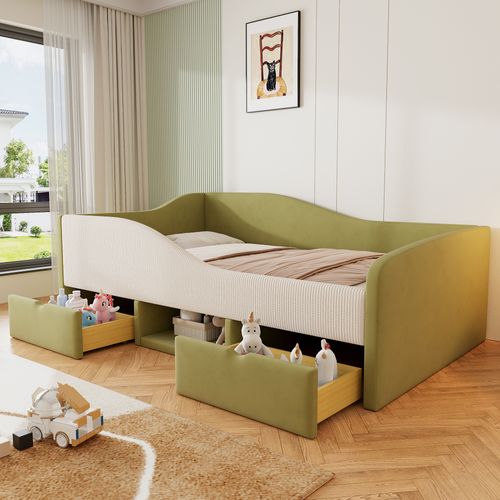 Canapé-lit 90x190 Cm Avec 2 Tiroirs, 1 Niche, Barrière De Sécurité, Vert Foncé Et Beige, Velours