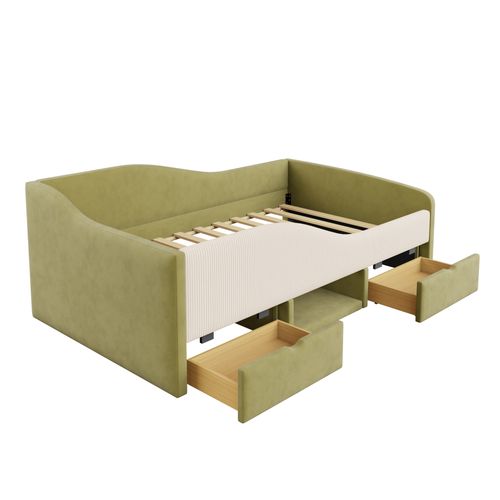 Canapé-lit 90x190 Cm Avec 2 Tiroirs, 1 Niche, Barrière De Sécurité, Vert Foncé Et Beige, Velours