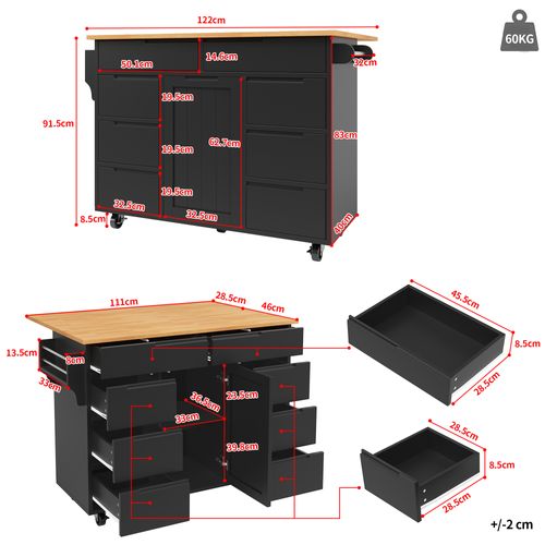 Îlot De Cuisine Mobile 122x46x91,5cm, Plateau Pliable, Roulettes, Porte-serviette, Mdf, Noir+bois