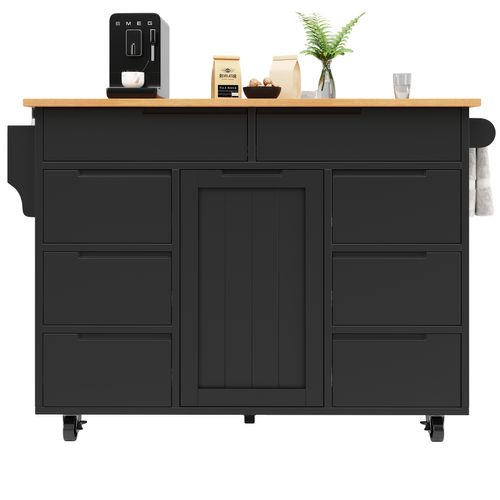 Îlot De Cuisine Mobile 122x46x91,5cm, Plateau Pliable, Roulettes, Porte-serviette, Mdf, Noir+bois