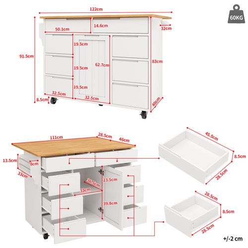 Îlot De Cuisine 122x46x91,5 Cm, Plan De Travail Rabattable, 5 Roulettes, 8 Tiroirs, Mdf, Blanc+bois