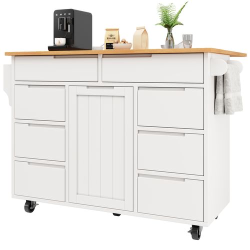 Îlot De Cuisine 122x46x91,5 Cm, Plan De Travail Rabattable, 5 Roulettes, 8 Tiroirs, Mdf, Blanc+bois