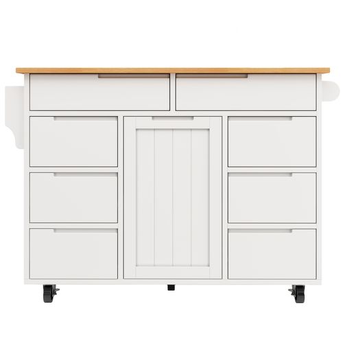 Îlot De Cuisine 122x46x91,5 Cm, Plan De Travail Rabattable, 5 Roulettes, 8 Tiroirs, Mdf, Blanc+bois