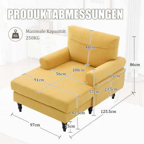 Fauteuil 125,5x97x86 Cm, Assise Large, Mousse, Tissu Chenille, Pieds Bois, Jaune+noir