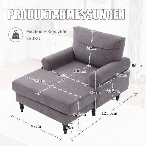 Fauteuil 125,5x97x86 Cm, Assise Extra Large, Tissu Chenille, Pieds En Bois, Gris Foncé+noir