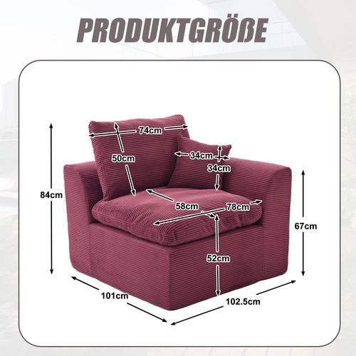 Fauteuil 1 Place 102.5x101x 84 Cm, Assise Confortable, Mousse, Tissu Velours Côtelé, Bordeaux