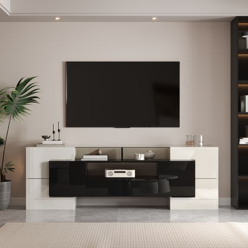 Meuble TV 200x35x60 Cm Avec Rangement, LED Multicolore, Panneau De Particules, Noir Et Blanc