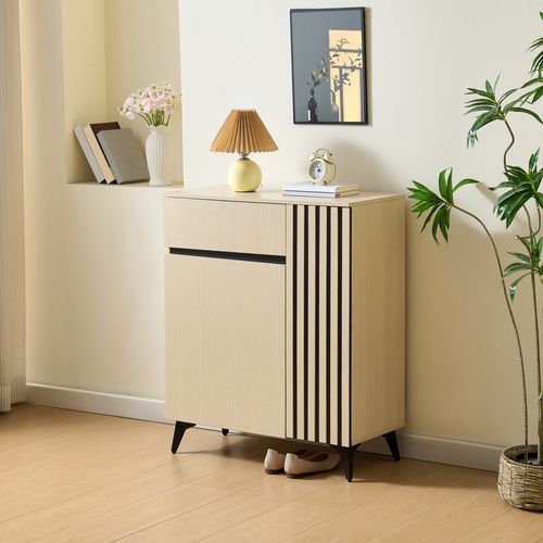 Meuble à Chaussures Moderne 75x35x90 Cm, Portes Et Tiroir, Grand Rangemet, Mdf, Couleur Bois