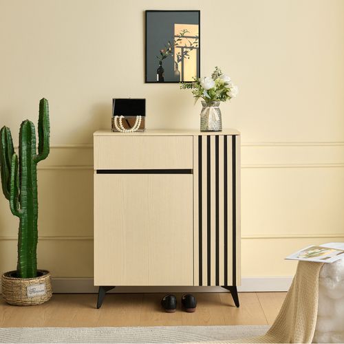Meuble à Chaussures Moderne 75x35x90 Cm, Portes Et Tiroir, Grand Rangemet, Mdf, Couleur Bois