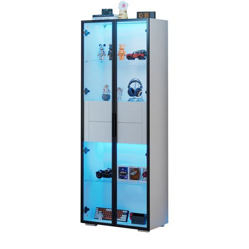 Vitrine 60x40x160 Cm, 2 Portes En Verre Trempé, LED, Étagères Réglables, 2 Tiroirs, Mdf, Blanc+noir
