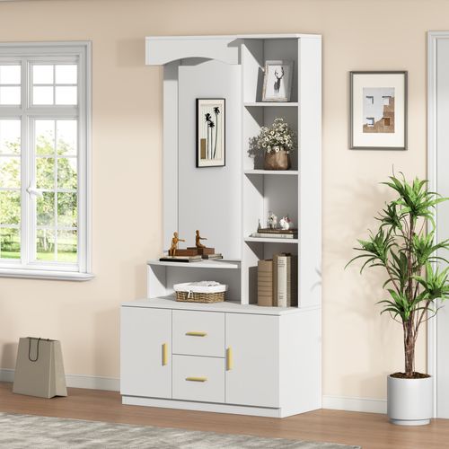 Meuble D'entrée 90x40x180 Cm, Miroir, 2 Tiroirs, 2 Portes, 5 Niches, Rangements, Mdf, Blanc
