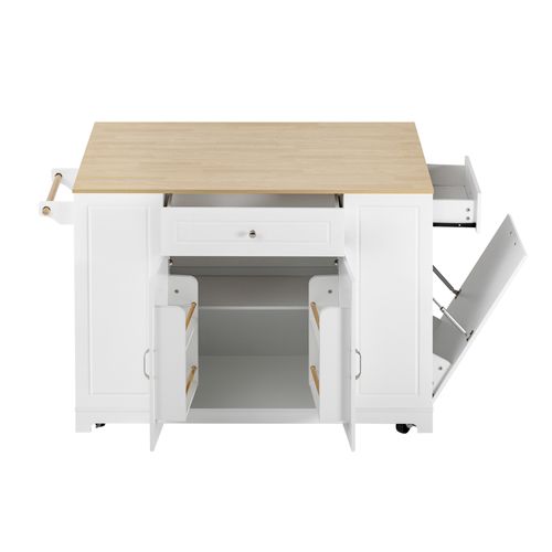 Îlot Cuisine Mobile 131.8x40/70x93.3 Cm, Plateau Extensible 40 à 70 Cm, Mdf, Blanc+bois