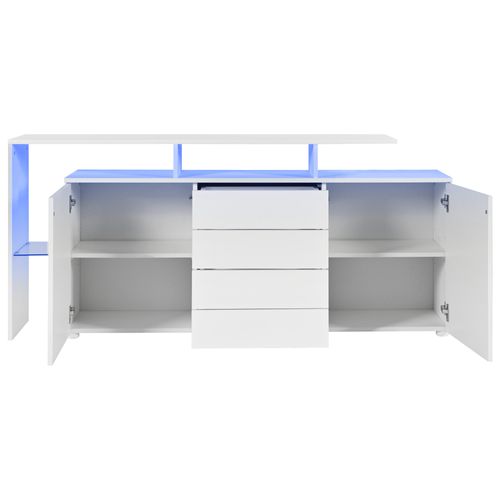 Buffet Bas 160x35x70 Cm, Éclairage LED Et Grand Rangement, Panneau De Particules, Blanc Brillant