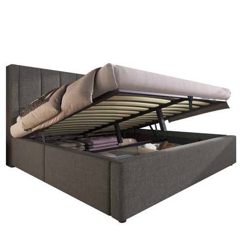 Lit Coffre Double 180x200 Cm, Port USB, Type-c, Porte-gobelet, Rangements Sous Le Lit, En Lin Gris