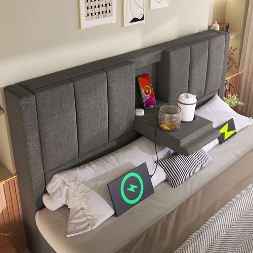 Lit Coffre Double 180x200 Cm, Port USB, Type-c, Porte-gobelet, Rangements Sous Le Lit, En Lin Gris