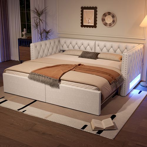 Lit Gigogne 90x200cm, Lit 2 En 1 Extensible 180x200cm, LED, Revêtement Lin Et Mdf, Beige