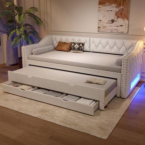 Lit Gigogne 90x200 Cm, Lit 2 En 1, LED Réglables, 3 Tiroirs, Tissu Lin Et Mdf, Beige