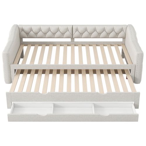 Lit Gigogne 90x200 Cm, Lit 2 En 1, LED Réglables, 3 Tiroirs, Tissu Lin Et Mdf, Beige