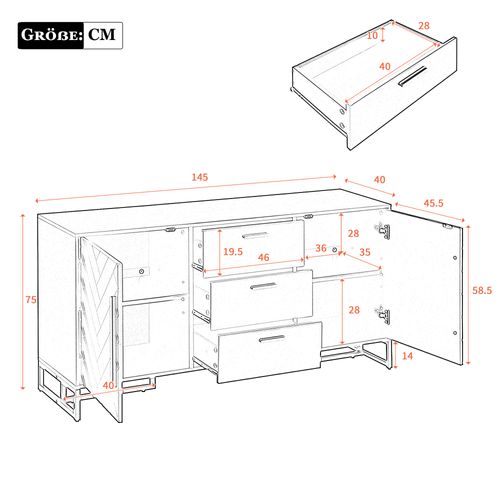 Buffet Bas 145x40x75cm, 2 Portes, 3 Tiroirs, Motif Chevrons, Mdf, Panneaux De Particules, Blanc+doré