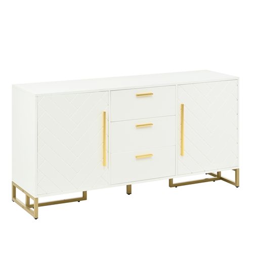 Buffet Bas 145x40x75cm, 2 Portes, 3 Tiroirs, Motif Chevrons, Mdf, Panneaux De Particules, Blanc+doré