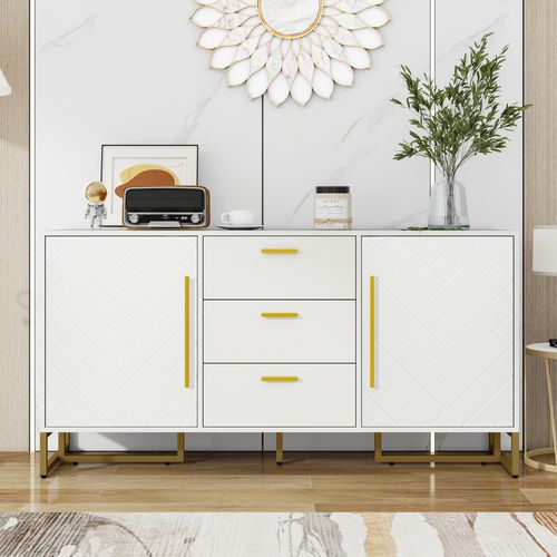 Buffet Bas 145x40x75cm, 2 Portes, 3 Tiroirs, Motif Chevrons, Mdf, Panneaux De Particules, Blanc+doré