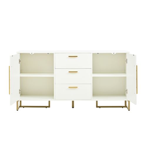 Buffet Bas 145x40x75cm, 2 Portes, 3 Tiroirs, Motif Chevrons, Mdf, Panneaux De Particules, Blanc+doré