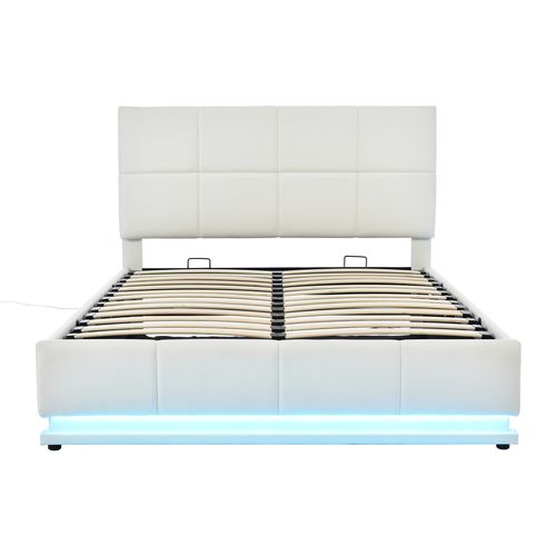 Lit Coffre Moderne 140x200 Cm Avec LED Multicolore, Lit Double, Lit Adulte, Simili Blanc