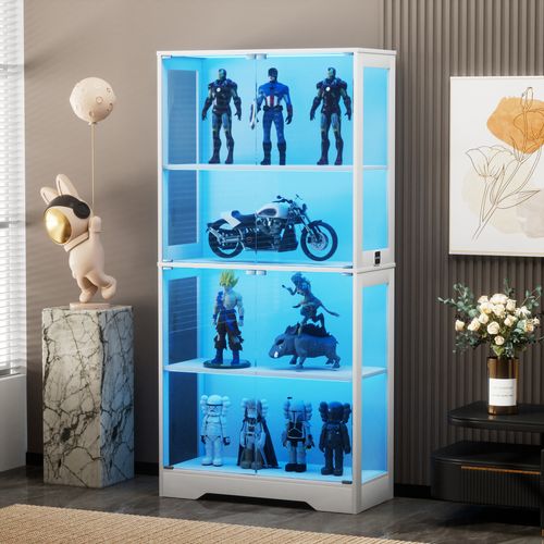 Vitrine Verre 80x35x165 Cm, LED 3 Couleurs Avec Capteur, 2 Portes, Mdf Et Verre, Couleur Blanc