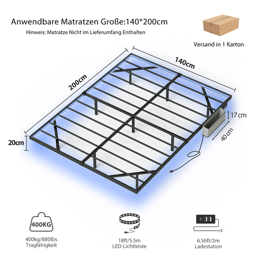 Lit Adulte 140x200 Cm, Lit Flottant Avec LED Et Station USB, Acier, Couleur Noir